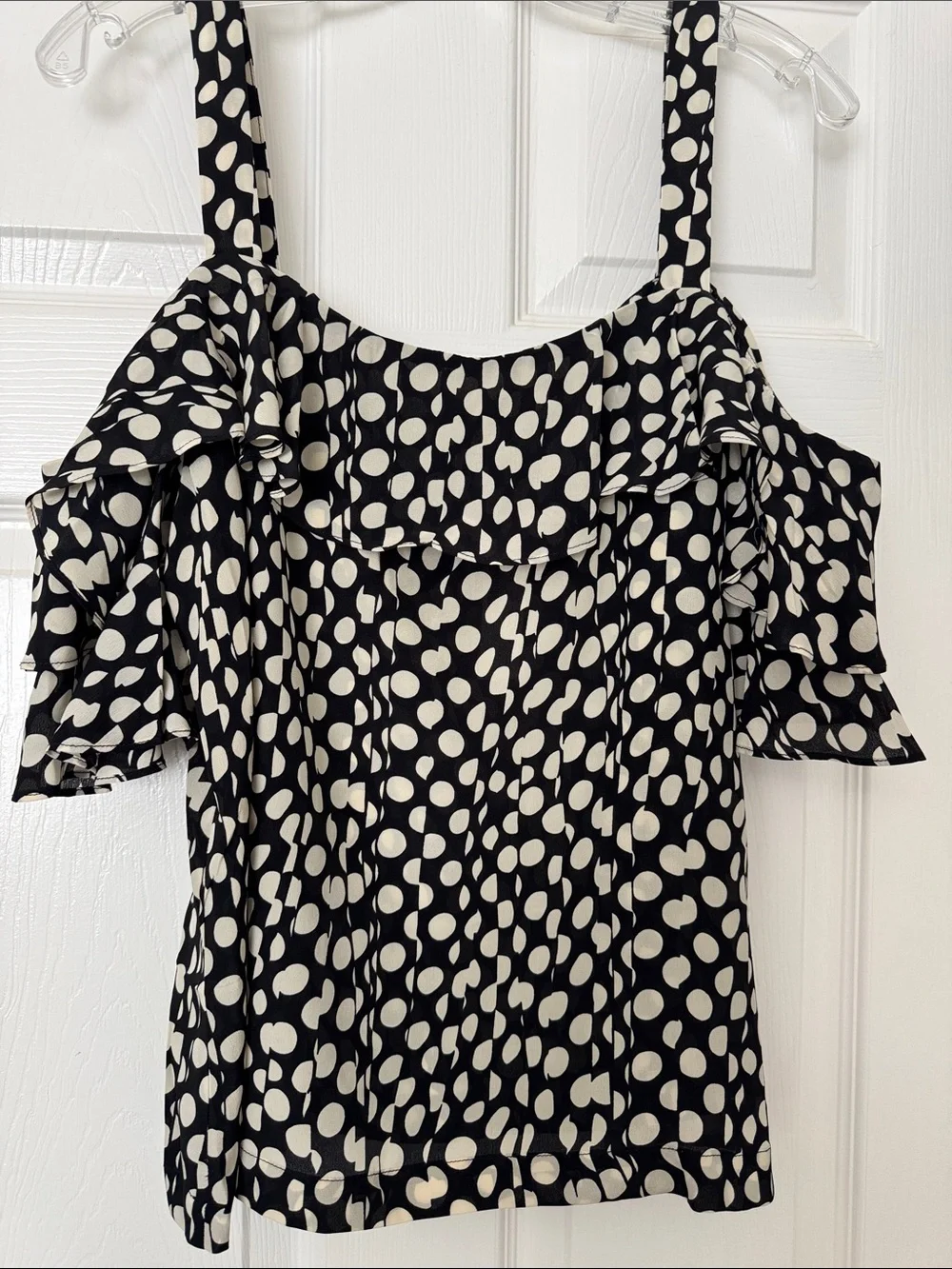 J. Crew Black and White Silk Polka Dot Ruffle Cold-Shoulder Blouse